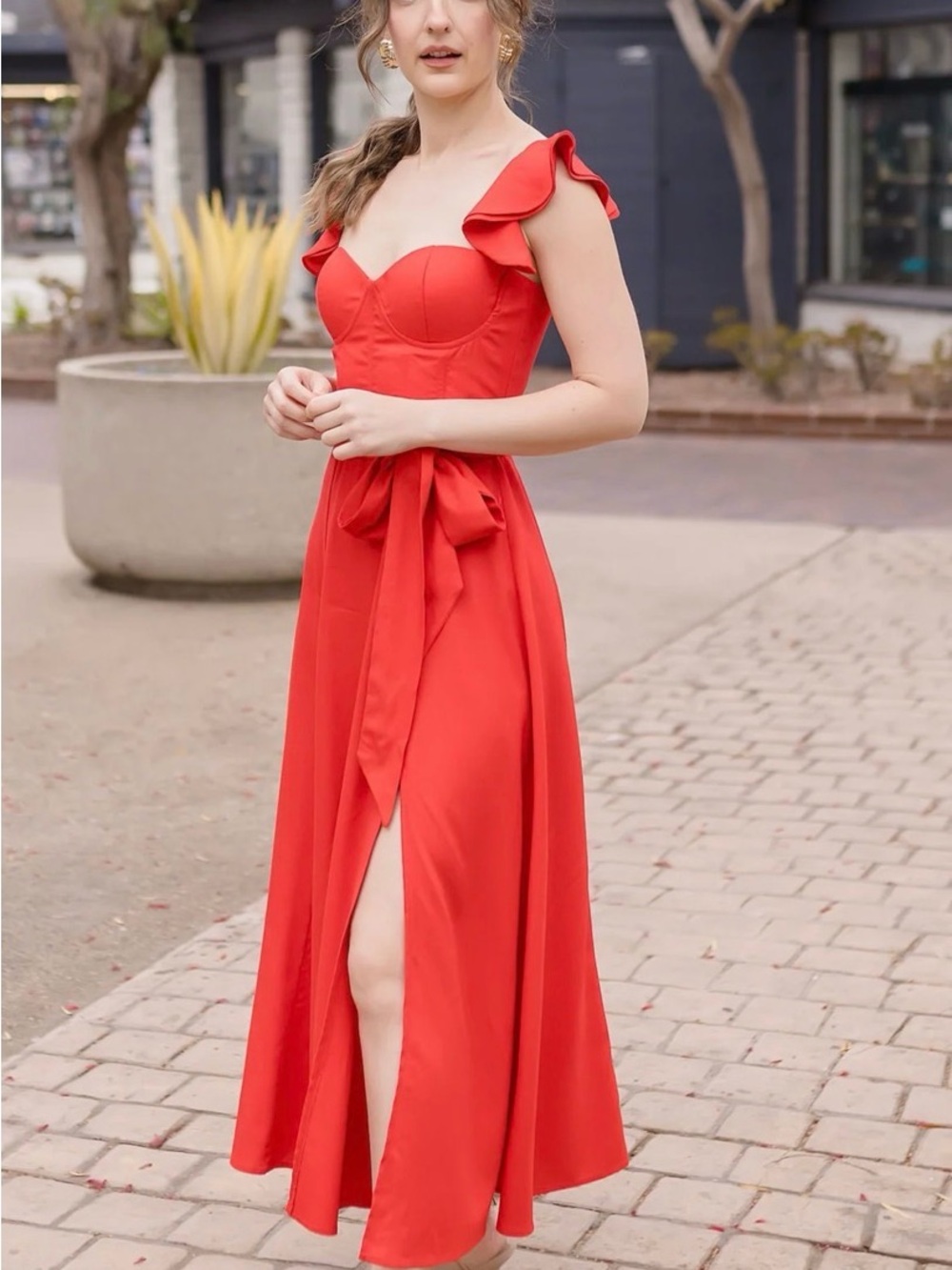 Dress Forum Red One-Shoulder Ruffle Maxi Dress with Waist Tie